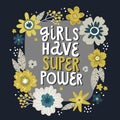 Flowers bouquet, lettering girls power, vector hand drawing greeting card template
