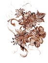 Flowers, bouquet. Stylistic silhouettes of flowers . Fine lines of brown color, print on a t-shirt.