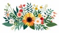 Flowers bouquet. Summer floral bouquet. Wildflowers and leaf plants blooming in the field. Bunch of sunflowers and