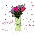 Flowers bouquet for Valentine`s Day. Rose, tulip and violet flowers, hearts and i love you lettering