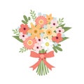 Flowers bouquet vector with daisy, narcissus, cherry blossom, forget-me-nots with ribbon Cute vector illustration in