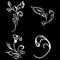 Flowers and branches hand drawn doodle collection isolated on black background. 4 floral graphic elements. Big vector set. Outline Royalty Free Stock Photo