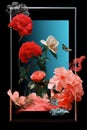 flowers and butterflies in a black frame on a blue background Royalty Free Stock Photo