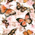 Flowers, butterflies, hand written text note. Watercolor. Seamless pattern