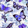 Flowers, butterflies, hand written text note. Watercolor. Seamless pattern Royalty Free Stock Photo