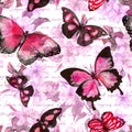 Flowers, butterflies, hand written text note. Watercolor. Seamless pattern