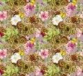 Flowers, butterflies, lush golden indian ornament. Watercolor seamless pattern