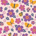 Flowers and butterflies pattern. Seamless print of cute cartoon colorful simple elements, summer garden flowers, bugs