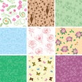 Flowers and butterflies on seamless patterns - vector backgrounds Royalty Free Stock Photo