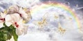 Flowers and butterfly among sky with rainbow and clouds. Royalty Free Stock Photo