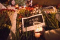 Flowers and candle lights for terroristic attacks victims in Paris