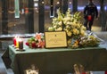Flowers, candles and message in memory of victims of terrorist attacks in Brussels at Belgium embassy in Madrid, Spain
