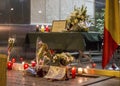 Flowers, candles and message in memory of victims of terrorist attacks in Brussels at Belgium embassy in Madrid, Spain