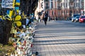 Flowers, candles and posters in support of Ukraine in front of the Embassy of Ukraine in Riga, Latvia