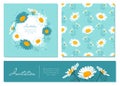 Flowers cards set Chamomile background Daisy wreath. Blooming daisies on a gentle turquoise background. Vector floral Royalty Free Stock Photo