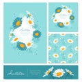 Flowers cards set Chamomile background Daisy wreath. Elegant floral cards with text space.Blooming daisies on a gentle