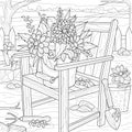 Flowers on a chair in the yard. Gardening.Coloring book antistress for children and adults.