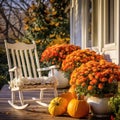 Flowers and chairs on front porch, exterior home decor, seasonal halloween pumpkins jack best view.