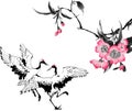 Flowers cherry blossom and two dancing cranes