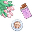 Flowers, chocolate and coffee illustration - artwork featuring cappuccino, pink tulips and milk chocolate bar