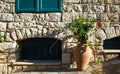 Flowers in clay vase next to old brick wall Royalty Free Stock Photo