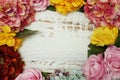 Flowers Colorful Border Frame with space copy on wooden background Royalty Free Stock Photo