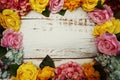 Flowers Colorful Border Frame with space copy on wooden background Royalty Free Stock Photo