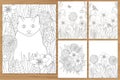 Flowers coloring pages. Cat coloring.  Floral coloring. Adult coloring set Royalty Free Stock Photo