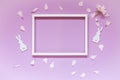 Flowers composition with blank frame for text on lilac background. Birthday Easter Mother`s day Women`s Valentine`s Day Royalty Free Stock Photo