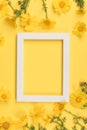 Flowers composition. Chamomile flowers with photo frame on yellow background