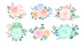 Flowers composition colorful flat vector illustrations set. Wedding and prom boutonniere, bouquets isolated on white