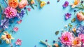 Flowers composition. Colorful spring flowers on blue background. Flat lay, top view, copy space