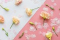 Flowers composition with confetti on pink background. Woman day, 8 march, Mother day, Birthday, Valentine Day background. Flat lay