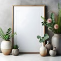 Mock up poster frame with green plants in vases. 3d rendering Royalty Free Stock Photo