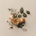 Flowers composition. Flat lay, top view floral composition on beige background.
