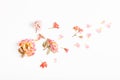 Flowers composition. Frame made of dried rose flowers on white background. Flat lay, top view, copy space