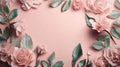 Flowers composition. Frame made of flowers. Pink roses, eucalyptus leaves on pink background. Flat lay, top view, copy space. Royalty Free Stock Photo