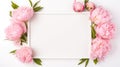 Flowers composition. Frame made of peony flowers on white background. Flat lay, top view, copy space Generative AI Royalty Free Stock Photo