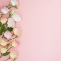 Flowers composition. Frame made of pink rose flowers. Flat lay, top view, copy space