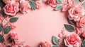 Flowers composition. Frame made of flowers. Pink roses, eucalyptus leaves on pink background. Flat lay, top view, copy space. Royalty Free Stock Photo