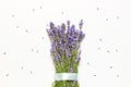 Flowers composition. Fresh bouquet of purple lavender with festive ribbon on light gray background. Flat lay top view copy space. Royalty Free Stock Photo