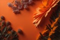 Flowers composition. Orange flowers on orange background. Flat lay, top view, copy space, generative ai