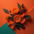 Flowers composition. Orange gerbera flowers on orange background. Flat lay, top view, copy space. generative ai