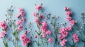 Flowers composition. Pink carnation flowers on blue background. Flat lay, top view Generative AI Royalty Free Stock Photo