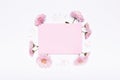 Flowers composition, pink pastel paper blank, pink flowers on white background flat lay