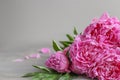 Flowers composition. Pink peony flowers on wooden background. Mothers day.