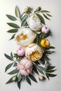 Flowers composition with pink and white peonies and green leaves, generative AI