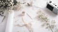 Flowers composition. White gypsophila flowers on white background. Flat lay, top view, copy space.