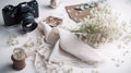 Flowers composition. White gypsophila flowers on white background. Flat lay, top view, copy space.