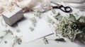 Flowers composition. White gypsophila flowers on white background. Flat lay, top view, copy space.